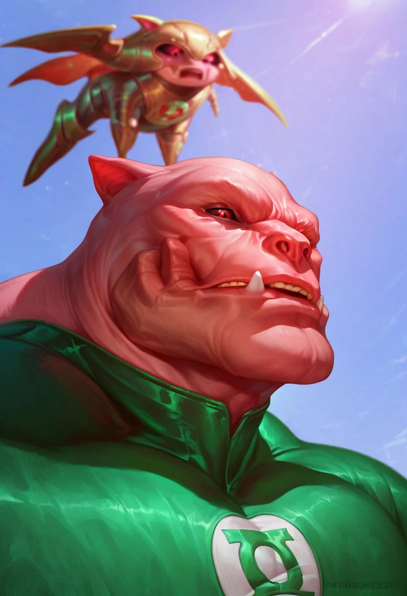 score_9,score_8_up,score_7_up, very detailed, highly detailed texture, (highly detailed face), depth of field, perfect soft lighting, best shadows, perfect reflections, volumetric, detailed image, high resolution, defined faces, sharp definition, bara, big muscles, correct anatomy, detailed eyes, red eyes, black sclera, dark color sclera, anime, 1boy, Kilowog ( flat snout, big nostrils, pronounced tusk), big pink tusks, Green Lantern Corps, Pink Alien, black and green suit, Green Lantern Logo on the chest, white gloves, green boots, big pecs. close up profile view, profile angle, simple background,