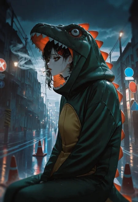 ultra-detailed painting \(medium\), (au \(d elete\):1.1), (aoi ogata:1.1), (clouble:1.1), realistic, 
very awa, masterpiece, highres, absurdres, newest, year 2024, year 2023, safe general, cowboy shot, (depressed:1.2), 
looking afar, from side, looking to the side, 
higashiyama kobeni,  (bags under eyes:1.2), (tsurime:1.2),
dinosaur costume,  googly eyes,  smoking, cigarette, sitting on traffic barrier, hand between legs, 
detailed background, rain, water drop, puddles, street, graffiti, night, lamppost, road sign, traffic cone, 
<lora:KonyaKarasue:0.35>, <lora:add_ADXL:0.5>, <lora:ponyv4_noob1_2_adamW:0.33>, <lora:spo:0.85>, <lora:lora:0.55>,