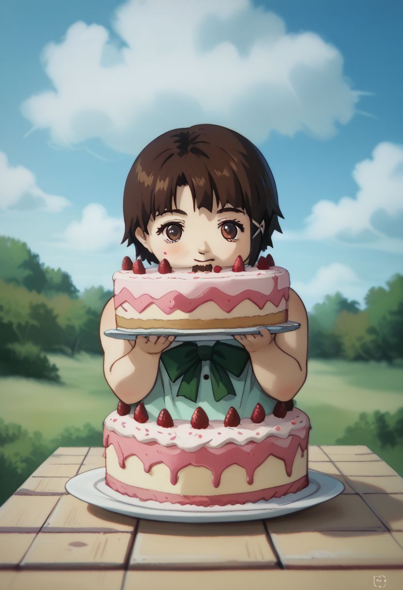 score_9, score_8_up, score_7_up, score_6, source_anime, lain, brown hair, ((light green camisole, green bowtie)), table, tartan tablecloth, ((chibi, gluttonizing, chubby, devouring cake, bulimic eating, overindulging, overeating)), (((big giant fat wedding-cake, giant huge cake, enormous layered cake, tall cake))), cute, ((close view)), clouds sky background, outdoors, airborne