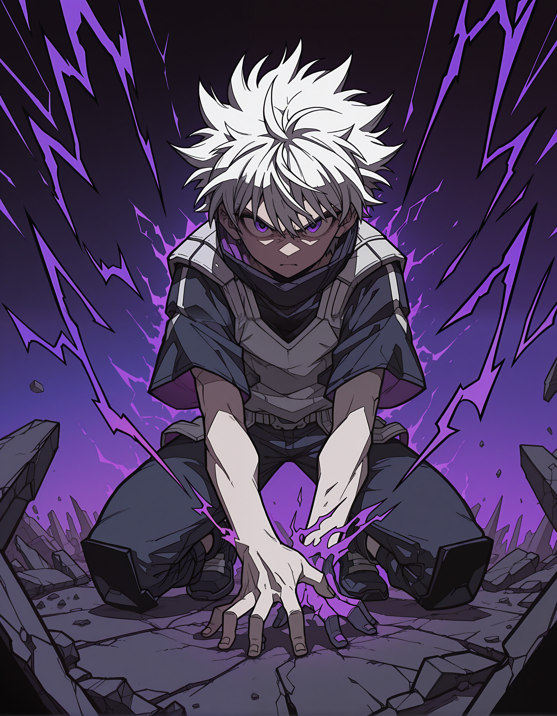 incredibly absurdres, masterpiece, absurdres, high quality,7A3IFRHPR_illu, <lora:hwm4to7A3IFRHPR:1>,killua zoldyck,  Anime-style character, spiky white hair, intense expression, dark clothing, purple energy background, dynamic pose, sharp angular features, monochromatic color scheme, high contrast, digital art, graphic novel style, cyberpunk aesthetics, urban fantasy, energy emanating from hands, dramatic lighting, stylized illustration, action scene, bold outlines, abstract elements