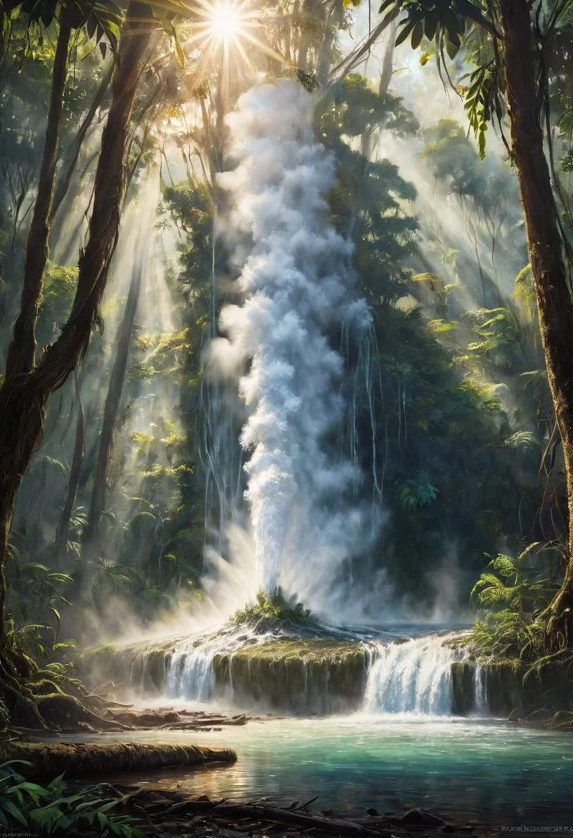 (Fine painting of a geyser in the middle of the forest on Java island), steam, boiling water, tropical forest, sunlight through the foliage, raw power and majesty of water, high details, (masterpiece, best quality:1.4), deep shadows, fine art photography, cinematic atmosphere, ultra detailed, (realistic)