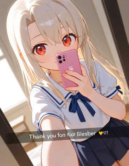 masterpiece, best quality, amazing quality, very aesthetic, general, absurdres, 1girl, illyasviel von einzbern, thank you, 2024, english text, dutch angle, selfie,
<lora:dmd2_sdxl_4step:1>,masterpiece,best quality,very