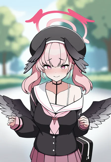 masterpiece, best quality, <lora:age_slider_v4:4>,detailed_background,outdoors,black hat,wings,white sailor collar,smile,1girl,blush,highres,sleeves past wrists,blue archive,solo,blurry,pink eyes,absurdres,long sleeves,pleated skirt,skirt,black bag,feathered wings,sailor collar,blurry background,hat,koharu \(blue archive\),twintails,pink skirt,!,three twosix,collarbone,pink hair,head wings,black wings,pink halo,halo,closed mouth