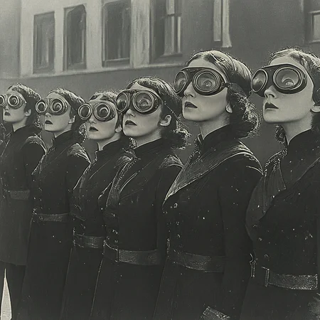 <lora:10s_Retro_Future_MovieSDXL:1> ArsMovieStill, movie still from a 1910s retro future movie, The image shows a group of women standing next to each other in front of a building wearing black dresses and goggles. In the background there are a few more people standing on the road., looking up, monochrome, multiple girls, coat, sunglasses, greyscale, multiple boys, outdoors, 3girls, blurry