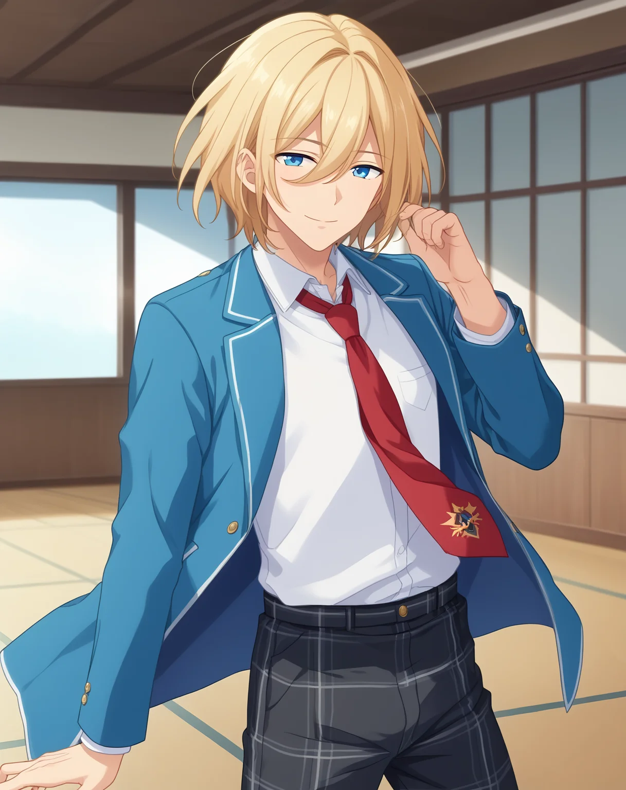 score_9, score_8_up, score_7_up, source_anime, anime screencap, depth of field, rating_safe, BREAK,
1boy, solo, yaoi, male focus, looking at viewer, cowboy shot, facing viewer,
<lora:tenshouin_eichi_pony:1> tenshouin_eichi_pony, blonde hair, blue eyes, medium hair, hair between eyes, bangs,
yumenosaki school uniform, light blue jacket, white shirt, collared shirt, red necktie, black pants, plaid pants,
indoors, school, <lora:age_slider_v4:1.75>