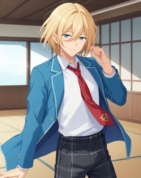 score_9, score_8_up, score_7_up, source_anime, anime screencap, depth of field, rating_safe, BREAK,
1boy, solo, yaoi, male focus, looking at viewer, cowboy shot, facing viewer,
<lora:tenshouin_eichi_pony:1> tenshouin_eichi_pony, blonde hair, blue eyes, medium hair, hair between eyes, bangs,
yumenosaki school uniform, light blue jacket, white shirt, collared shirt, red necktie, black pants, plaid pants,
indoors, school, <lora:age_slider_v4:1.75>
