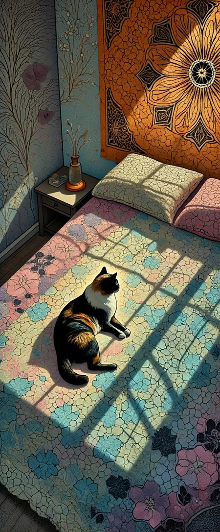 <lora:Silhuflowart2.safetensors:1> Silhuflowart, Silhouette, Fluid, Pastel
In the dimly lit room, the atmosphere is heavy with a palpable tension, a stark contrast to its outward appearance of serenity. A long-haired calico cat, a symbol of comfort and constancy, lies nestled on a patterned bedspread that now seems to bear the weight of years, its pastel blues, pinks, and yellows muted and faded. The intricate orange tapestry on the wall, once vibrant with earthy tones and mandala designs, now serves as a backdrop to a more somber narrative, its patterns entwining with the shadows that gather in the corners.
The camera, positioned slightly above eye level, captures the room from a top-down perspective, a vantage point that reveals the hidden layers of the scene. The soft focus and muted color palette enhance the sense of introspection, as if the room itself is holding its breath. The playfulness of the pastel hues is now a distant memory, replaced by a quiet gravity that speaks of secrets and unresolved conflicts.
The intimate, bohemian vibe of the space is now underscored by the interplay of light and shadow, each ray of light highlighting a detail that tells a story of its own. The bedspread, once a symbol of comfort, now bears the marks of time and the weight of unspoken words. The cat, a silent witness, seems to embody a calm acceptance, a counterpoint to the turmoil that lies beneath the surface.
This image, with its careful composition and emotional depth, invites the viewer to delve into a world where the visual elements are metaphors for the complexities of human emotions and relationships. It is a scene that speaks of the delicate balance between peace and conflict, between the visible and the unseen.