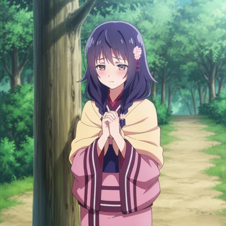 nsfw, masterpiece, best quality, 1girl, solo, seirei_gensouki_sayo, twin braids, braid, japanese clothes, kimono, own hands clasped, hair ornament, hair flower, brown eyes, long hair, blush, purple hair, blue hair, outdoors, tree,, <lora:Sayo_-_Seirei_Gensouki:0.7>