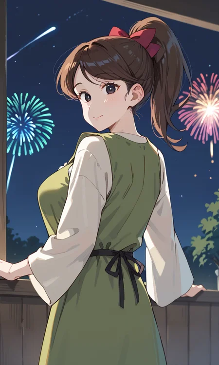 (1girl:1.5), (solo:1.3), (score_9, score_8_up, score_7_up, score_6_up, score_5_up, score_4_up), (source_anime), rating_questionable,
(black eyes, eyelashes, brown hair, swept bangs, long hair), <lora:shin-derayla-maid_v2:1> (shin-derayla-maid), (ponytail, red hair bow, green dress, pinafore dress, miniskirt, long sleeves shirt, wide sleeves), (large breasts),
indoor,smile, night, night sky, fireworks, window,
(looking at viewer, looking back, from behind:1.5)