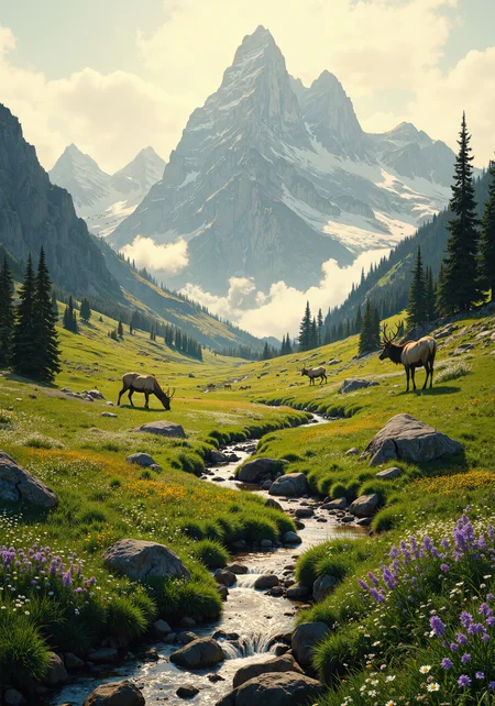 A breathtaking aerial view of a pristine alpine meadow nestled between jagged, snow-capped peaks. Lush, emerald grass carpets the valley floor, dotted with vibrant wildflowers in hues of purple, yellow, and white. Crystal-clear streams meander through the landscape, their waters glinting in the golden light of a setting sun. Wispy clouds drift lazily across a pastel sky, casting soft shadows on the rugged mountainsides. In the distance, a herd of elk graze peacefully, their silhouettes barely visible against the backdrop of towering evergreens. The scene is captured in stunning 8K resolution, with intricate details visible in every blade of grass and rocky crag. Masterful composition emphasizes the vastness of the landscape while highlighting the delicate interplay of light and shadow across the terrain. <lora:zyd232_Ink_Style_Flux1D_v1_1:0.2> <lora:RM_Artistify_v1.0M:0.4> <lora:DND_GRAINYBOYZ_FG_FLUX_V2_ROMULUS_Lora:0.5> <lora:Dark_Gothic_Comic_style_v.2:0.1> <lora:Anime realistic V1:0.1> <lora:flux_dev:1>