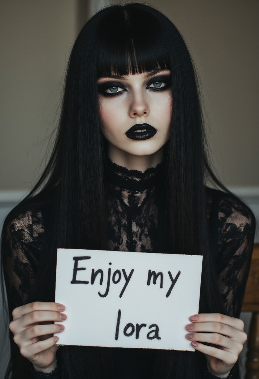 FictionalCrystal, a goth girl with heavy black eye makeup and black lipstick. Holding a sign that reads "Enjoy my lora"