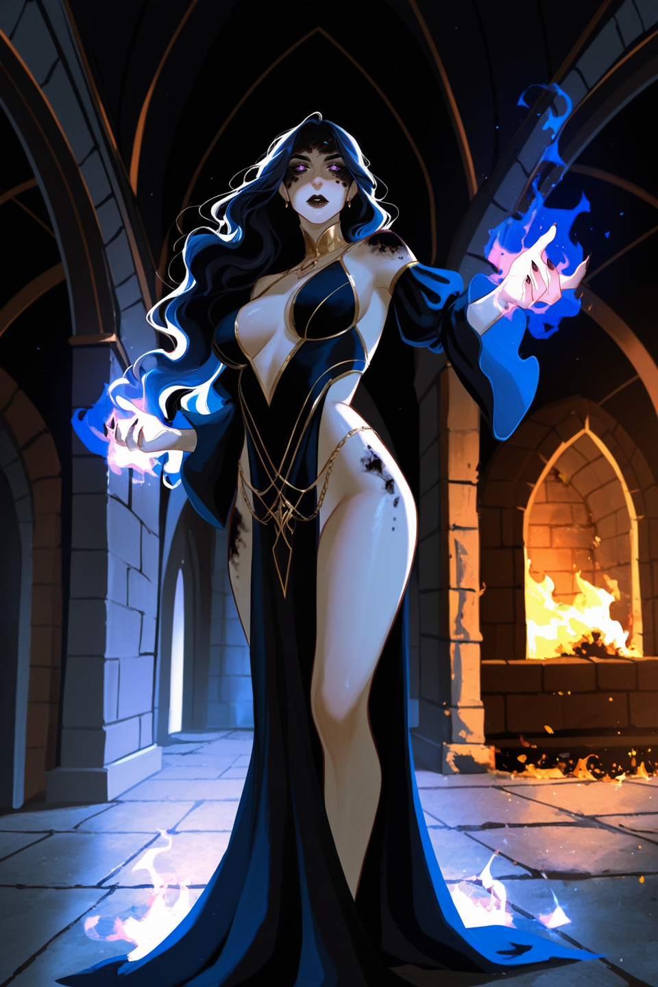 Score_9, score_8_up,
Detailed, details, v4l3nt4in3,
witch, glamour,  burnt skin, revealing clothes, dramatic pose,
 magical, magic, 
details,detailed, dark composition,indoors, medieval, 
 <lora:Valentaine-Illustrious:1>
