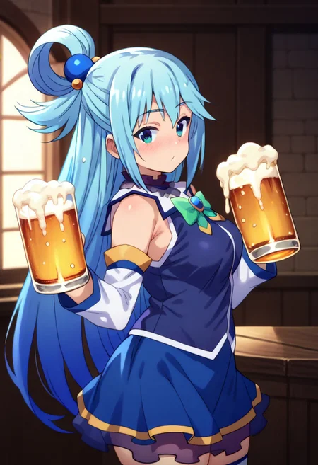 (zPDXL3),
(zPDXLxxx),
score_9, score_8_up, score_7_up,
1girl,
solo,
aqua \(konosuba\), long hair, blue eyes, hair ornament, very long hair, blue hair, hair rings, single hair ring, hair bobbles,
skirt, shirt, thighhighs, bare shoulders, detached sleeves, white thighhighs, blue skirt, blue shirt, green bow,
from side,
closed_eyes,
drinking beer mug,
big beer mug,
beer foam,
looking_at_viewer,
portrait,
Bust Shot,
puffed-up cheeks,
blush,
gulp,
