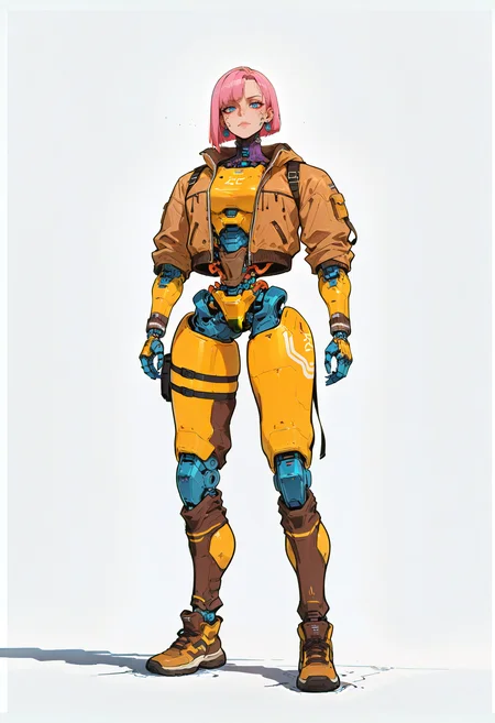<lora:HeavyTechILXL:1> h3avyt3ch,
pink hair, solo, 1girl, earrings, cyborg, jewelry, white background, full body, short hair, blue eyes, jacket, simple background, brown jacket, cyberpunk, standing, mechanical arms, looking at viewer, masterpiece, best quality, amazing quality, intricate detail, highly detailed, absurdres, very aesthetic, dynamic lighting, detailed background, scenery, (volumetric lighting)