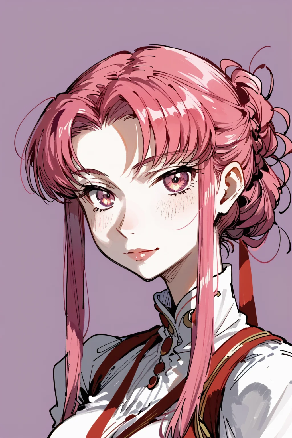 score_9, score_8_up, score_7_up, euphemia_li_britannia , code geass, pink hair, pale skin,, solo, solo focus, portrait, lavender background, Twirling around with arms extended., <lora:karasu_raven:1>, monochromeâââ