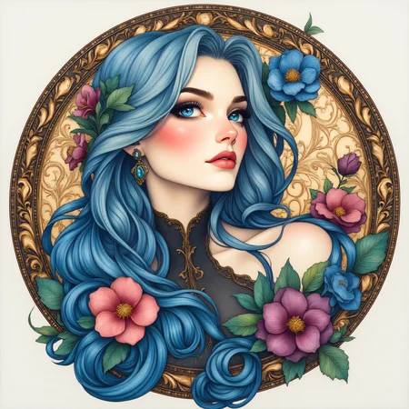 ArsMJStyle, art nouveau,, The image shows a woman with blue hair and flowers in her hair surrounded by a painting of flowers and leaves., 1girl, solo, flower, blue eyes, earrings, jewelry, parted lips, portrait, multicolored hair, blue hair