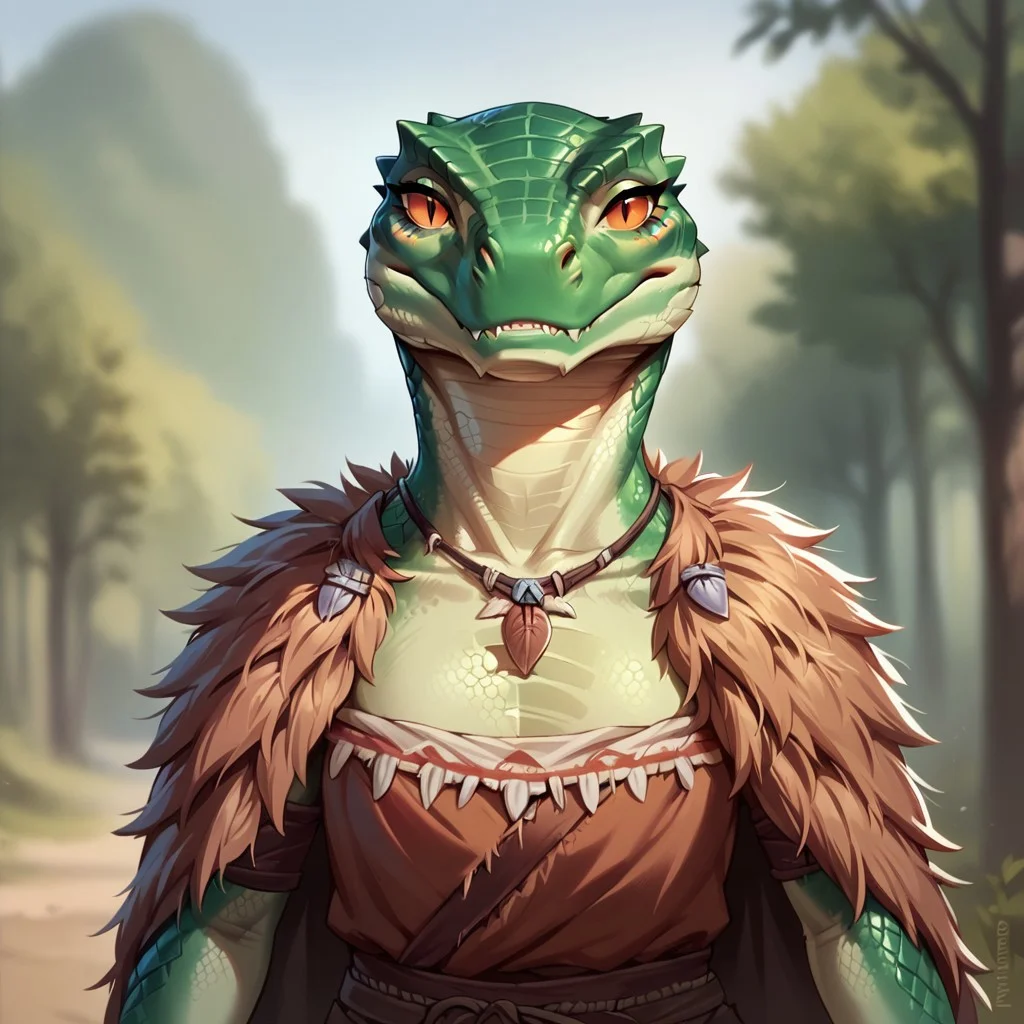 (((detailed, beautiful, high quality))), score_9, score_8_up, score_7_up, upper body,
lizardfolk, anthro lizard, slit pupil, scales, tail,
1 girl, green scales, pale belly, orange eyes, flat chest, tribal clothes, chest band, necklace of teeth, brown fur cape,
looking at the viewer, posing,
blurred background, fantasy background,