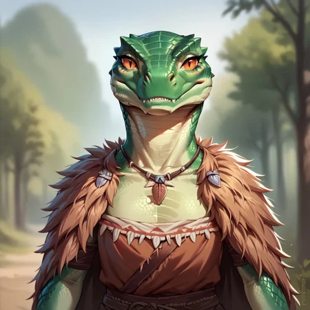 (((detailed, beautiful, high quality))), score_9, score_8_up, score_7_up, upper body,
lizardfolk, anthro lizard, slit pupil, scales, tail,
1 girl, green scales, pale belly, orange eyes, flat chest, tribal clothes, chest band, necklace of teeth, brown fur cape,
looking at the viewer, posing,
blurred background, fantasy background,