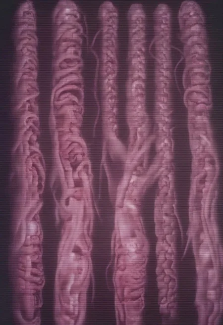 crt style tvs sets multiple human brains emerging from 5 women glowing massive amounts of intestines and cables woven together inside multiple modern television sets in technology warehouse