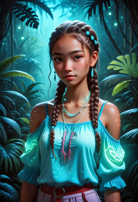 score_9, score_8_up, score_7_up, score_6_up, score_5_up, score_4_up, 1girl, blushing profusely red, 1girl,mysterious girl with freckles,an exotic Polinesian girl in off-shoulder shirt, Hairs in two braids, fading backlit background,pastel colors,surreal, detailed, bokeh, perfect balanced, deep fine borders,artistic photorealism, smooth, whole body view, bioluminescent jungle background, temple, (bioluminescent clothing)