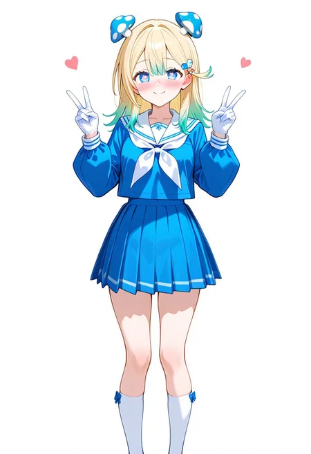 1girl, (Aoharu Alice \(#COMPASS\), blue eyes, long hair, blonde hair, multicoloured hair, gradient hair, green hair, heart-shaped pupils, hair between eyes, two mushroom-shaped hair ornaments, small breasts), (white sailor scarf, sailor shirt, sailor uniform, serafuku, ruffles, white gloves, long sleeves, skirt, white socks, Alice blue-coloured clothes), (embarrassed, smile), (standing, double v), simple background, white background, BREAK , cute, pretty, BREAK (score 9, score 8 up, score 7 up, source anime), (score_9, score_8 up, score_7 up, source_anime), (masterpiece, best quality, high quality, absurdres, absolutely resolution, incredibly absurdres, high res image, 8K),