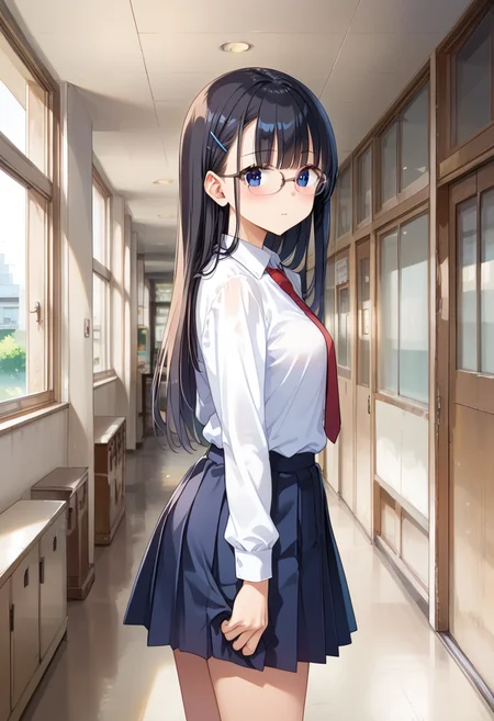 score_9, score_8_up, score_7_up, rating_safe, masterpiece, best quality, absurdres, unity 8k wallpaper, official art, official style, source_anime, uncensored, game cg, megami magazine,
1girl, solo, glasses, black hair, long hair, blue eyes, collared shirt, red necktie, pleated skirt, blue skirt, looking at viewer, blush, 
rouka, scenery, hallway, door, school, indoors, window, ceiling light, 
 <lora:gakkou_rouka_PONY_V2:1>