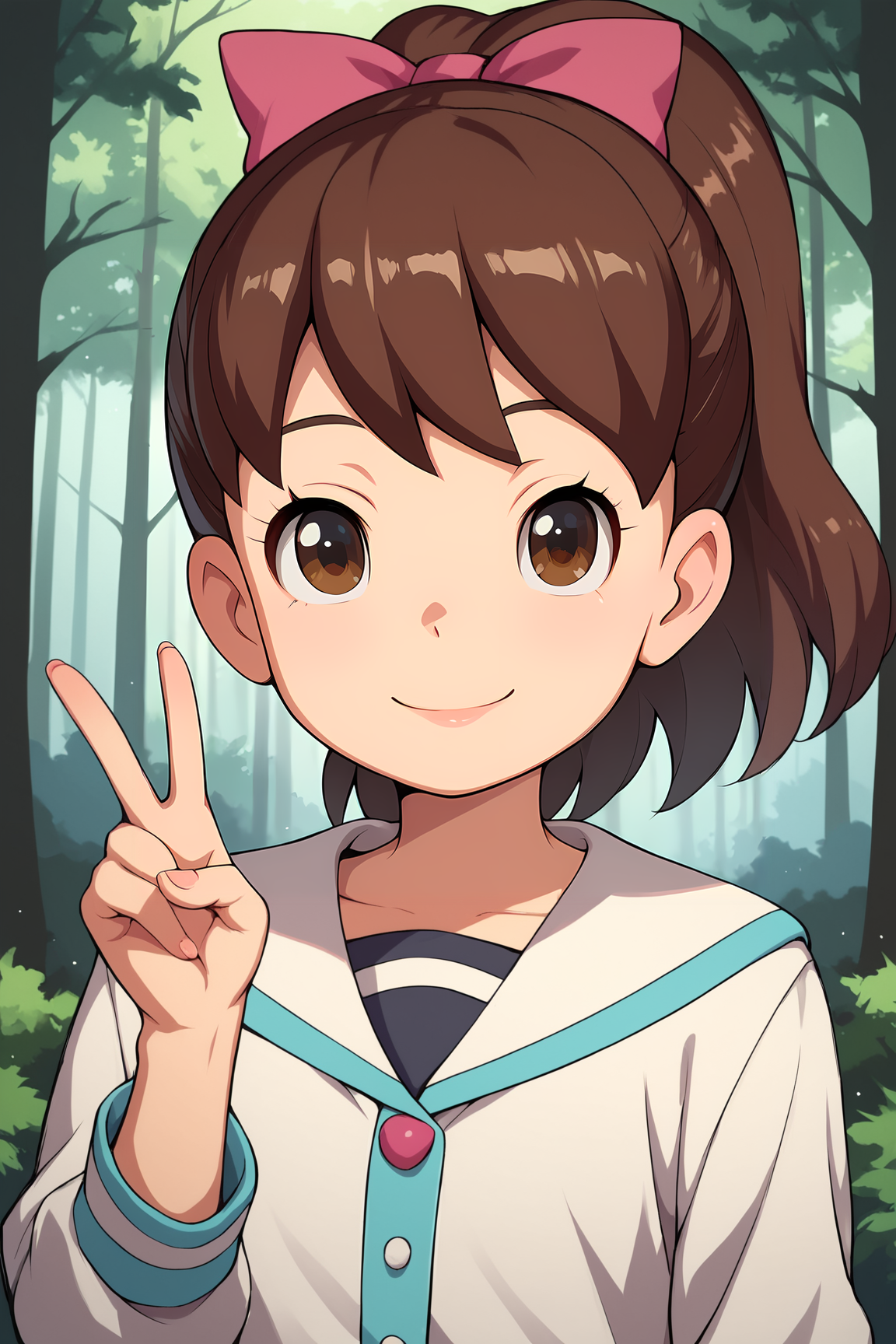 score_9, score_8_up, score_7_up, score_6_up, BREAK, KatieYWPXL, brown eyes, brown hair, short hair, bangs, high ponytail, hair ribbon, pink ribbon, flat chest, serafuku, white jacket, striped shirt, solo, front view, (portrait, upper body), peace sign, solo focus, seductive smile, looking at viewer, forest, tree   <lora:KatieYWPXL:1>