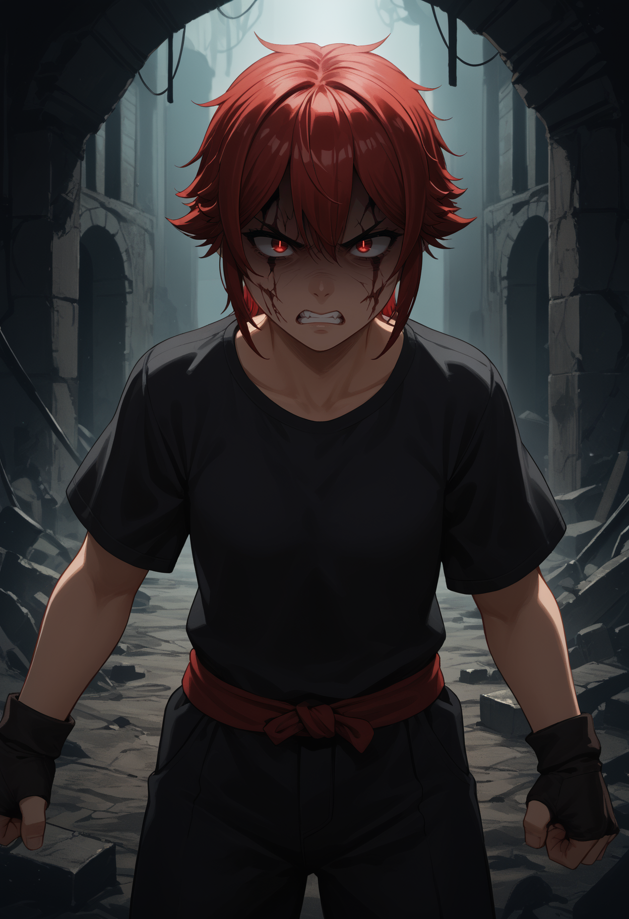 score_9, score_8_up,score_7_up, source_anime, 1girl, solo, <lora:aizwtm_pdxl_EliPot:1>, aizawatomo, red hair, short hair, red eyes, tomboy,
 angry, rage, furious,  half-closed eye, v-shaped eyebrows, clenched teeth, shaded face, in an underground dark ruins, fantasy, glowing engraved runes, sombre dark underground,