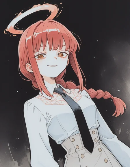 watercolor, traditional watercolor style, paper texture, dutch angle, abstract background, black background,
1girl, bust shot, looking at viewer, short red hair, single braid, @_@, makima, slight smile, uncanny smile,
blouse, necktie, intestine halo,