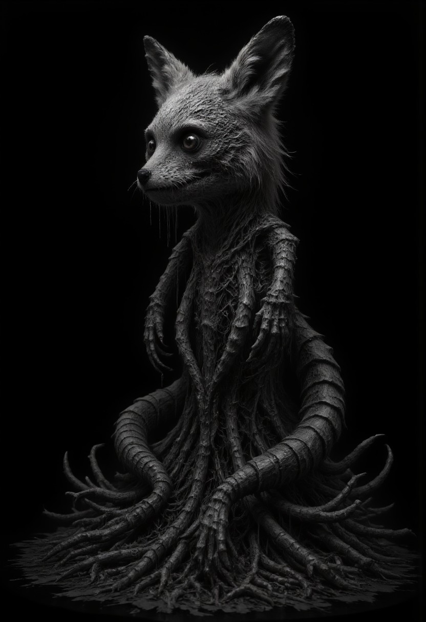 mm-style, ((monochrome)), black background, a monster fox standing up looking menacingly at the viewer, hidden in teh shadows, wearing a skull mask, creeping roots and tendrils surround the fox