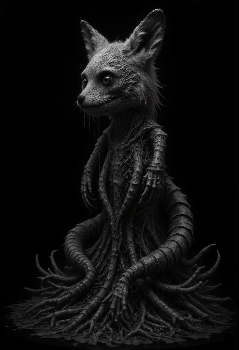 mm-style, ((monochrome)), black background, a monster fox standing up looking menacingly at the viewer, hidden in teh shadows, wearing a skull mask, creeping roots and tendrils surround the fox