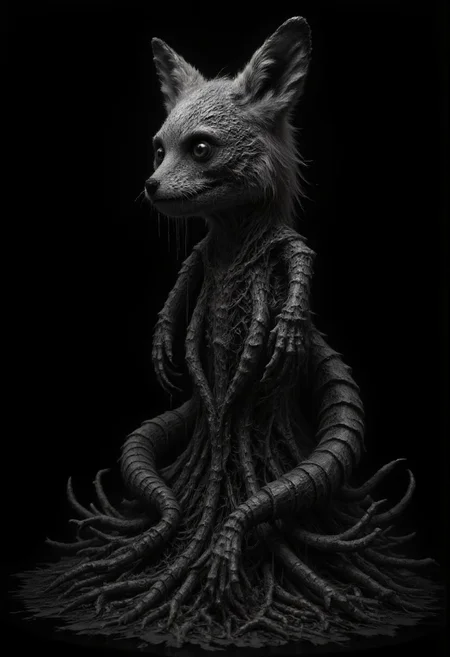 mm-style, ((monochrome)), black background, a monster fox standing up looking menacingly at the viewer, hidden in teh shadows, wearing a skull mask, creeping roots and tendrils surround the fox