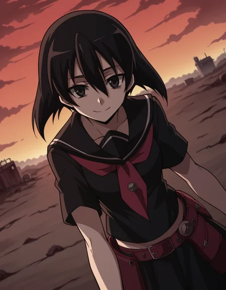 score_9, score_8_up, score_7_up, source_anime,
agkkurome, <lora:agk-kurome-s1-ponyxl-lora-nochekaiser:1>,
kurome, short hair, black hair, black eyes, hair between eyes,
skirt, school uniform, serafuku, belt, black serafuku, short sleeves, belt, black skirt, neckerchief, red neckerchief,
wasteland, smile, bent over,
cowboy shot, solo, dutch angle, looking at viewer,