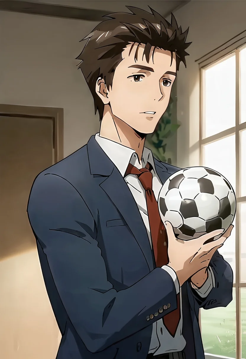 (score 9, score 8 up, score 7 up),((source anime, best quality, best aesthetic, perfect anatomy)),1boy,male focus,handsome detailed face,black eyes,blazer,collared shirt,slim body,skinny,necktie,solo,indoors,<lora:Shinich:1>,shinichi,((object hug, Soccer, from the left, bisexual lighting, Pouted Lips)),<lora:Smooth Anime 2 Style SDXL_LoRA_Pony Diffusion V6 XL:0.8>,<lora:aesthetic_anime_v1s:0.8>,