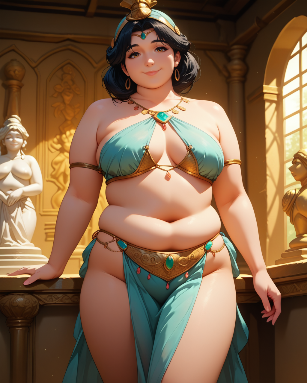 score_9,score_8_up,score_7_up,source_anime,higres illustration,anime screenshot,masterpiece,best quality,1girl,smile,cowboy shot,<lora:plussizegirls_pony:1>,plump,arabic harem dancer,pelvic curtain,golden room,statue,