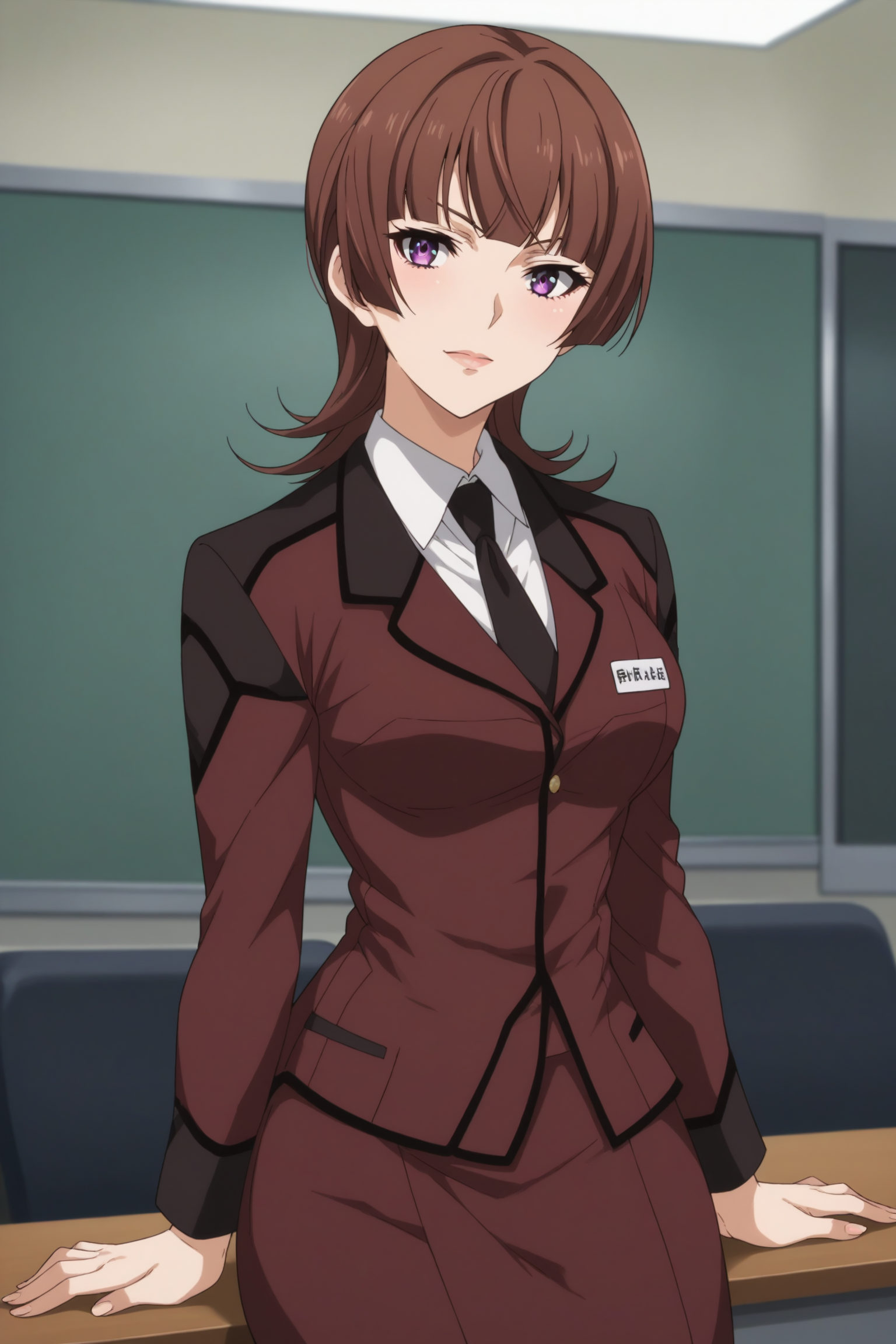 kazari asami, brown eyes, purple eyes, uniform, suit, military uniform, purple uniform, dark brown uniform, white shirt, collared shirt, jacket, closed jacket, dark brown necktie, skirt, pencil skirt, beige pantyhose, black highheels, <lora:Asami_Kazari:0.8>, score_9, score_8_up, score_7_up, score_6_up, score_5_up, source_anime, rating_safe, medium breasts, indoors, police office, 1girl, solo, looking at viewer, <lora:age_slider_v4:3>, (full body), standing, sitting on desk, dynamic pose,