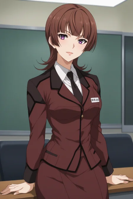 kazari asami, brown eyes, purple eyes, uniform, suit, military uniform, purple uniform, dark brown uniform, white shirt, collared shirt, jacket, closed jacket, dark brown necktie, skirt, pencil skirt, beige pantyhose, black highheels, <lora:Asami_Kazari:0.8>, score_9, score_8_up, score_7_up, score_6_up, score_5_up, source_anime, rating_safe, medium breasts, indoors, police office, 1girl, solo, looking at viewer, <lora:age_slider_v4:3>, (full body), standing, sitting on desk, dynamic pose,