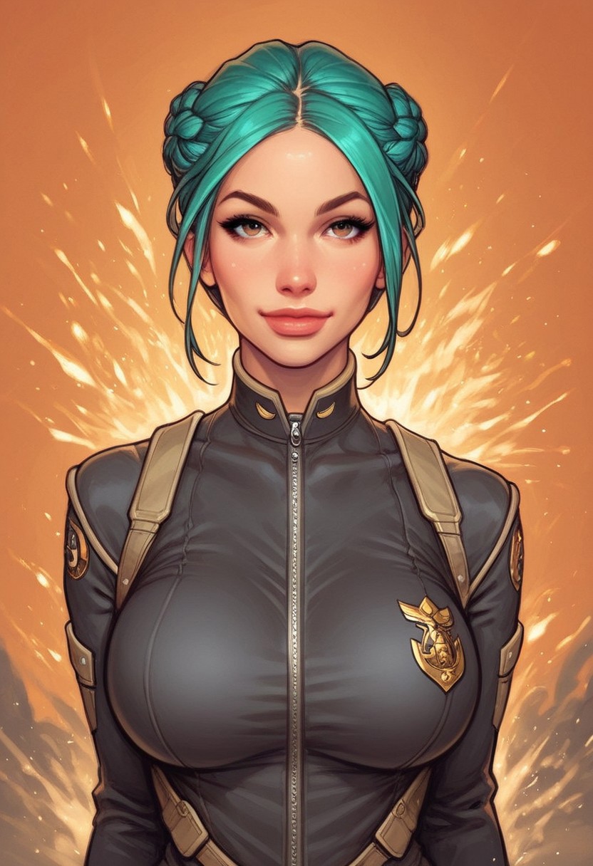 ((((front view))))
beautiful color, aesthetic, 2d,
(zeon pilot:1.3), ((khaki suit)), 
solo, standing, (battleground, explosions:1.5)
1girl, cute face, modest smile
((turquoise hair, folded in french braid, side bang hairstyles)), 	
big natural breasts, 
focused, looking at viewer,
(((full-clothed))), dynamic pose
BREAK 
score_9, score_8_up, score_7_up, score_6_up, source_cartoon, rating_explicit, Expressiveh, (((((upper body))))), dynamic pose