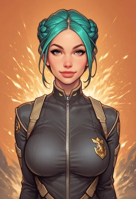 ((((front view))))
beautiful color, aesthetic, 2d,
(zeon pilot:1.3), ((khaki suit)),
solo, standing, (battleground, explosions:1.5)
1girl, cute face, modest smile
((turquoise hair, folded in french braid, side bang hairstyles)),
big natural breasts,
focused, looking at viewer,
(((full-clothed))), dynamic pose
BREAK
score_9, score_8_up, score_7_up, score_6_up, source_cartoon, rating_explicit, Expressiveh, (((((upper body))))), dynamic pose