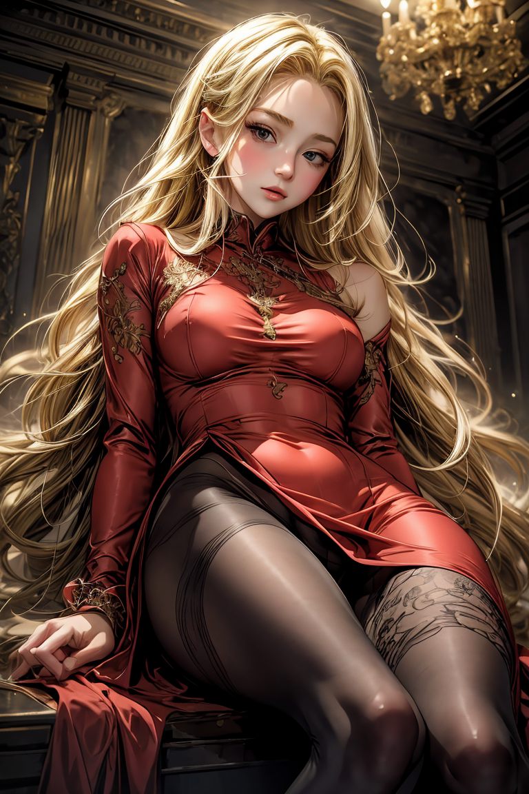 (masterpiece, best quality), 1girl, blonde hair, red dress, pantyhose, cute face, blush, <lora:add_detail:1>