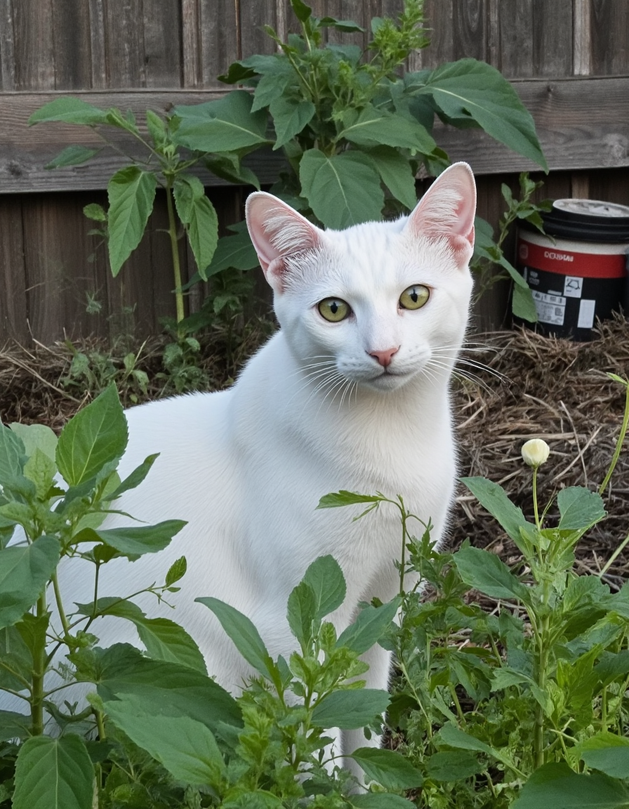 realistic photo of vanillacat, a white cat, ultra high quality, very detailed fur, sharp focus, highly detailed, <lora:uai_VanilyaCat_v102:1>, <lora:Backyard_Suburbs:1>, Backyard_Suburbs backyard background, fence, plants, buckets