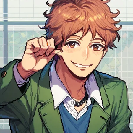 (score_9, score_8_up:1.1), score_7_up, suwa hiroto, 1boy, solo, brown eyes, black pearls necklace, green jacket, white shirt, blue vest, smile, light blush, school, Pixel_Art