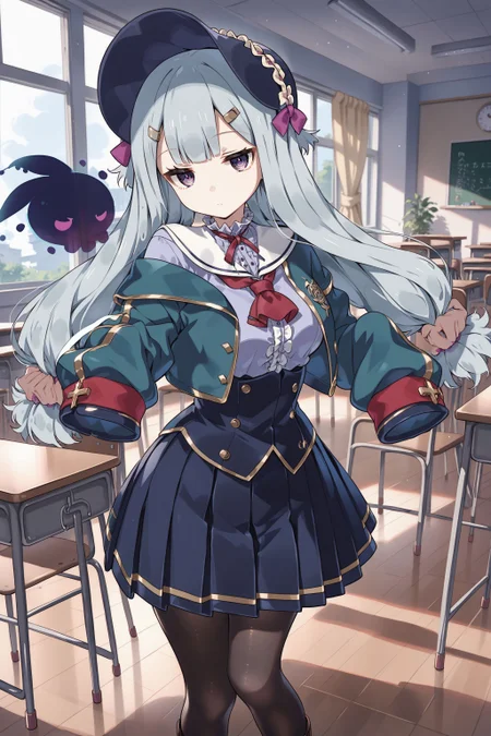 score_max, (score_9, score_8_up, score_7_up:1.2), score_6_up, official art, source_anime,
, masterpiece, absurdres, high detail, 8k,
school, classroom, desk, chair, window, wooden floor,
standing, expressionless, looking at viewer, black ghost,
solo, rubetti, low-tied long hair, bonnet, hat bow, purple bow, hairclip, hair scrunchie, school uniform, green jacket, cropped jacket, long sleeves, sleeves past fingers, red neckerchief, off shoulders, purple shirt, frilled shirt, cross tie, corset, black skirt, pleated skirt, black pantyhose, loafers,
<lora:XL_Pony_gomaotsu-ruberis-t1:1.0>