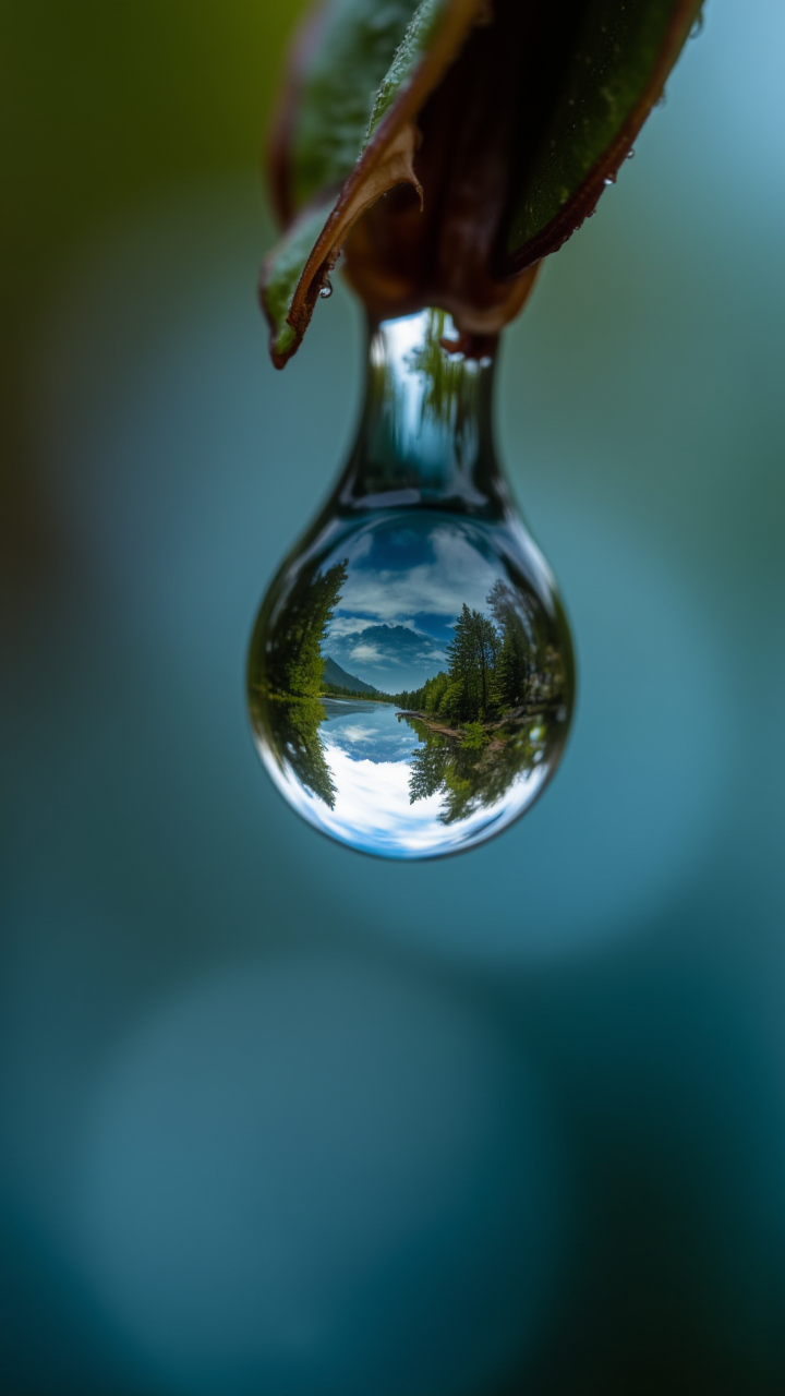 A detailed macro shot of a teardrop falling, capturing the reflection of an entire landscape within the droplet. , aidmaHyperrealism, midjourneyv6.1