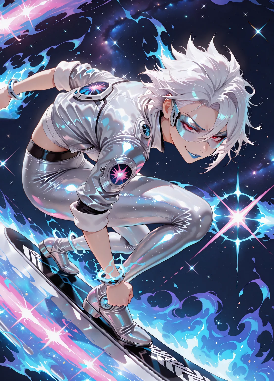 1girl, (bleach white skin), solo, broom surfing, rocket, (standing on rocket), speed, fast, motion lines, superspeed, (from side:0.7), 
flying towards viewer, dynamic pose,
t4m4mojk, red eyes, white hair, short hair, spiked hair, tomboy hairstyle, hair between eyes, white shirt, sleeves rolled up, silver spandex, silver bracelets, silver boots, blue eyeshadow, blue eyeliner, blue lips, silver jacket, silver goggles, 
BREAK, 
Space, interstellar travel, stars, galaxies, night,
aesthetic, white ethereal glow, dreamy fantasy, holographic shimmer, celestial radiance, pastel opalescence, soft white luminous hues, translucent light, pearlescent reflection,
masterpiece, best quality, very aesthetic, absurdres, newest, perfect light, vibrant colors, [high saturation], highres, very awa, blue flaming aura, blue electric aura, blue lighting, blue fire aura, angry, seductive smirk, face close up, detailed eyes, leaning forward, charging at viewer, (((surfing on silver board))), ((clenched fists)), glitter aura, energy aura