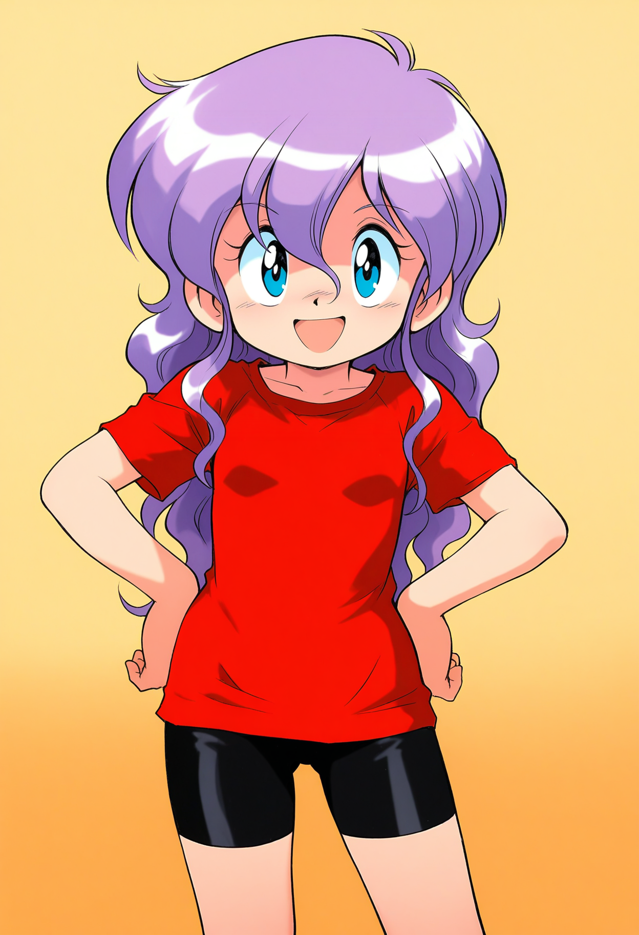 masterpiece,best quality,good quality,<lora:remy_IL:1>, remy, long hair, flat chest, purple hair, blue eyes, wavy hair, hands on hips, red shirt, bike shorts, bangs, smile, open mouth, small breasts,
standing, looking at viewer, smile, open mouth, hand on own hip,