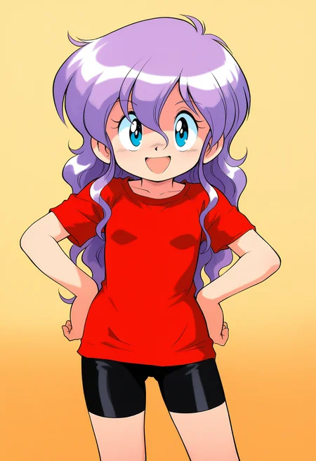 masterpiece,best quality,good quality,<lora:remy_IL:1>, remy, long hair, flat chest, purple hair, blue eyes, wavy hair, hands on hips, red shirt, bike shorts, bangs, smile, open mouth, small breasts,
standing, looking at viewer, smile, open mouth, hand on own hip,