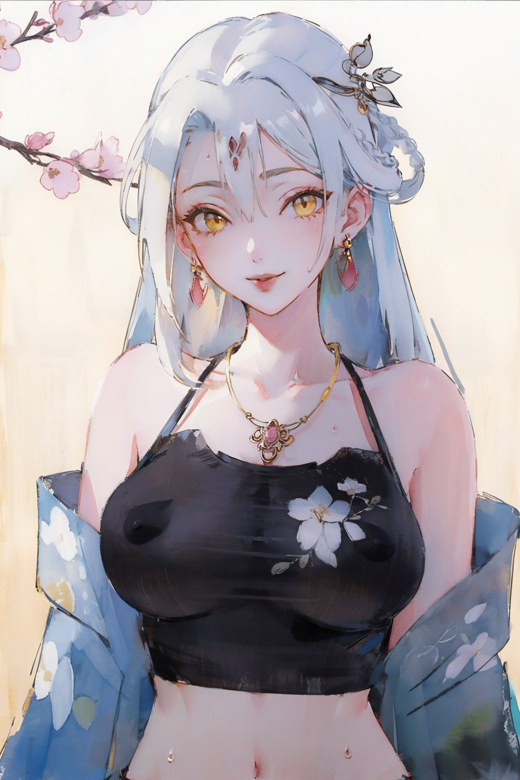 <lora:XiaobaiV2-SD15optimize>,
masterpiece,highest quality,exquisite details,amazing art,realistic details,pretty face,real skin,8K,RAW,movie lighting,soft light,shallow depth of field,bokeh,dreamy,
xiaobai,1girl,jewelry,solo,white hair,earrings,looking at viewer,long hair,hair ornament,upper body,necklace,parted lips,smile,
Paper texture,Ink splash,beautiful detailed eyes,Golden Eyes,(covered nipples:1.1),
traditional_media,pastel_color,black camisole,camisole pull,
<lora:æ°ä¸­å¼å·¥ç¬æ°´å¢¨newchinese-1122-1:1>,watercolor background,splash ink,xuan paper,inkblot,(paper texture:1.4),
facing viewer,portrait,alpha transparency,plum blossom embroidery,transparency of clothes,gold thread embroidery,sweaty clothes,covering_nipples,