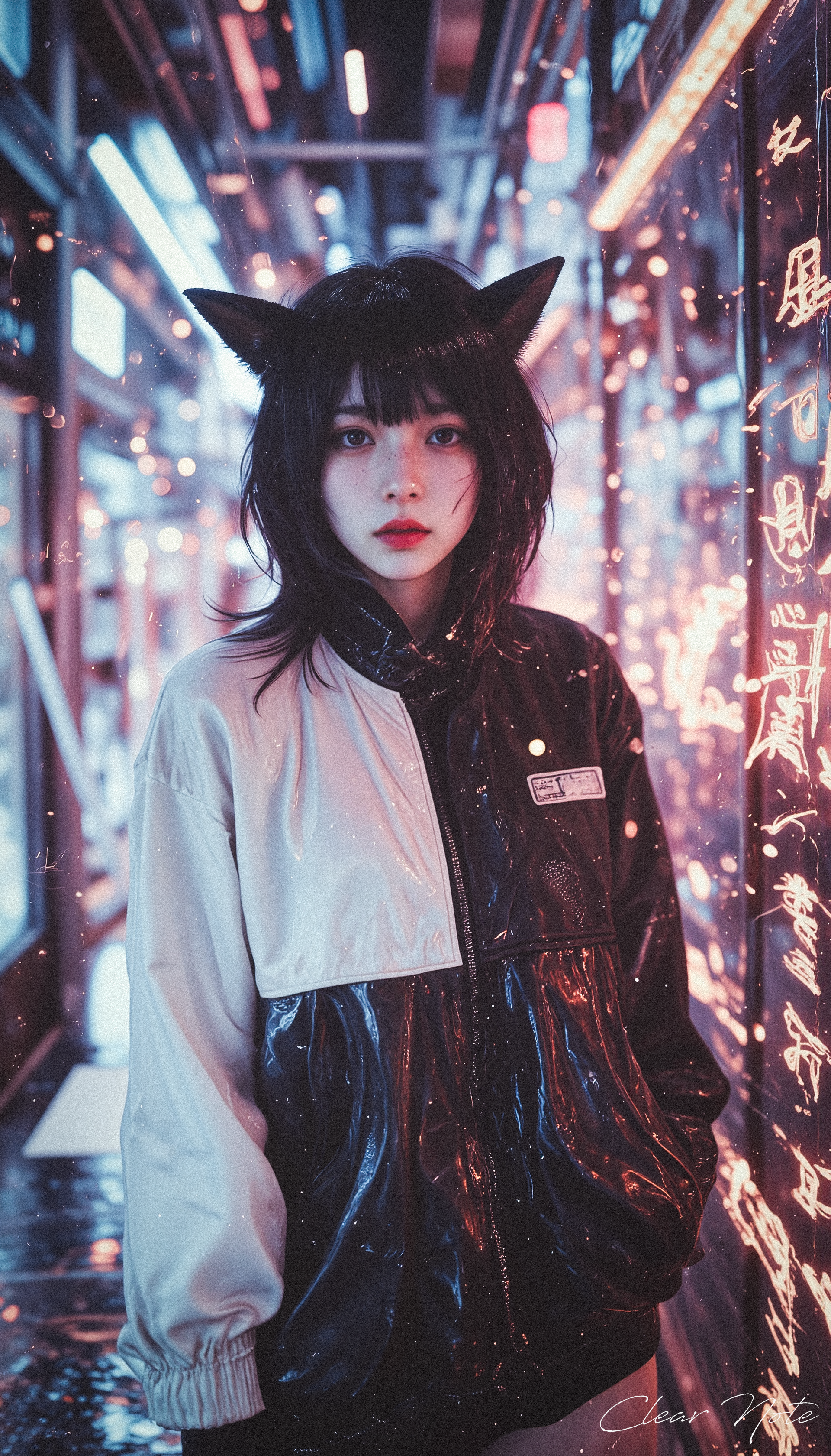 Neo Photorealistic Art Style, A Japanese girl with fox ears and flowing black hair wears a sleek windbreaker jacket. She radiates cutting-edge Neo-Japan futurism, set in a surreal, intricate futuristic background.