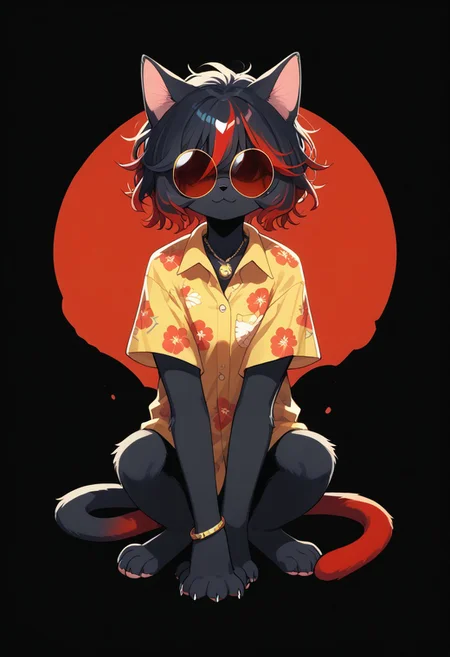 (score_9, score_8_up), score_7_up, score_6_up, best quality, highest quality, (feral), cat, animal, furry, female, solo, full body, official style, (body fur), (black body, black fur, red fur), eyelashes, eyeliner, (black hair, red hair, streaked hair), (messy hair, wild hair, highlights), cat ears, animal nose, sunglasses, round eyewear, hidden eyes, smirk, red stripes, necklace, hawaiian shirt, bracelet, paws, cat tail, clothed feral, offbeatStyle